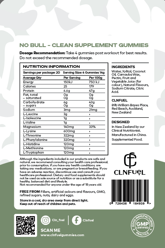 Back of the label recover+9 aminos gummies